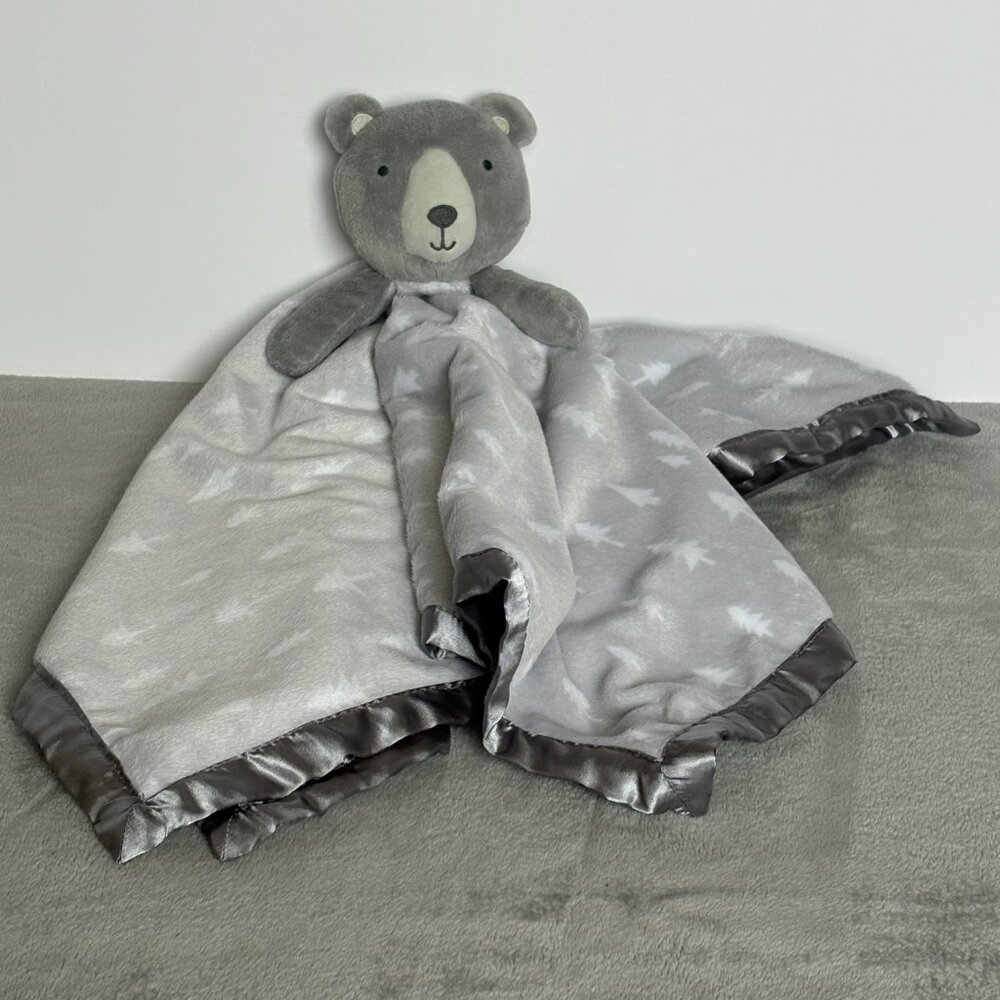 Cloud Island Bear Lovey Large Gray Pine Tree Security Blanket Satin Trim 28 Inch
